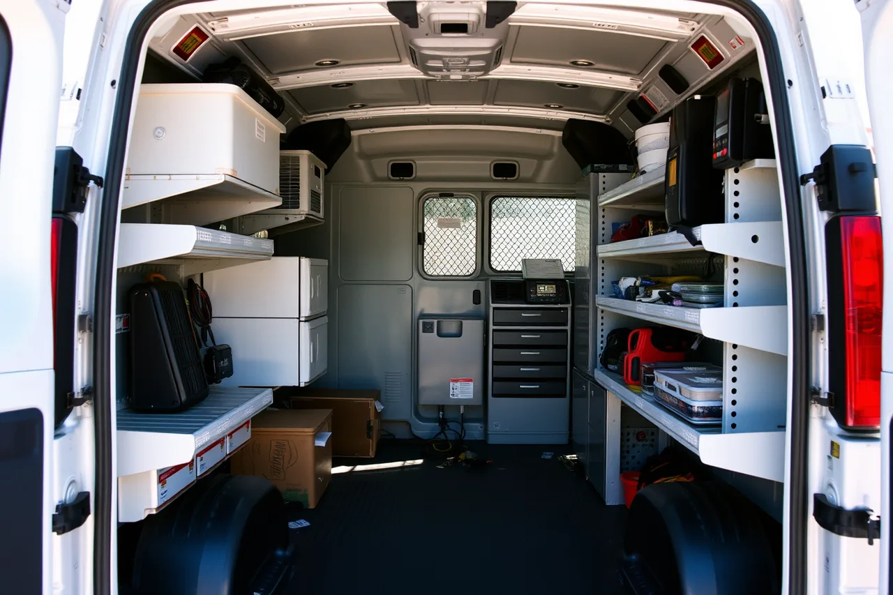 Organized appliance repair van interior with tools, parts, and equipment (Appliance repair launch costs and funding, without the optimism)