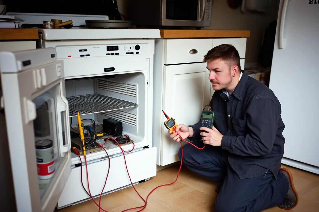 Technician using diagnostic meters on an open household appliance (How to build an appliance repair company from scratch)