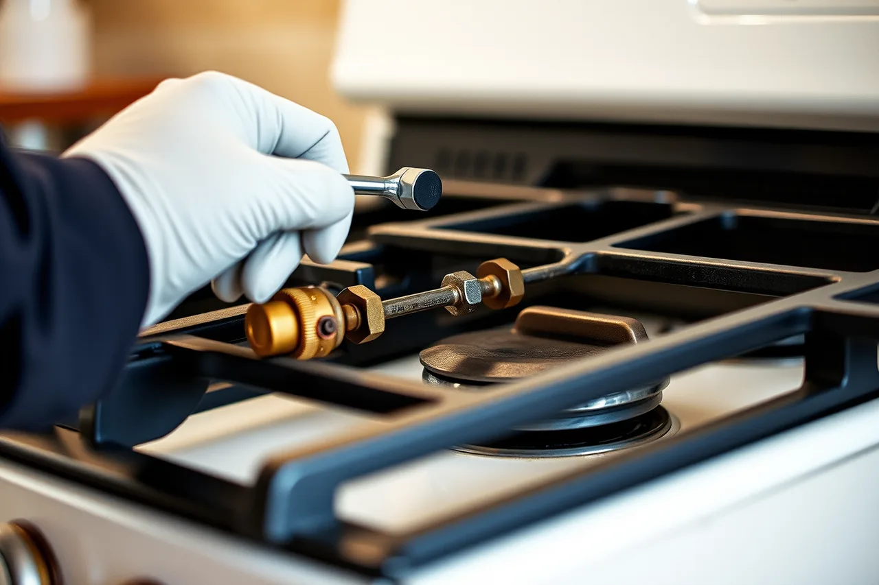 Technician's gloved hand adjusting a gas control valve on an open range burner (Ontario gas appliance repair licensing and what TSSA requires before you book the job)
