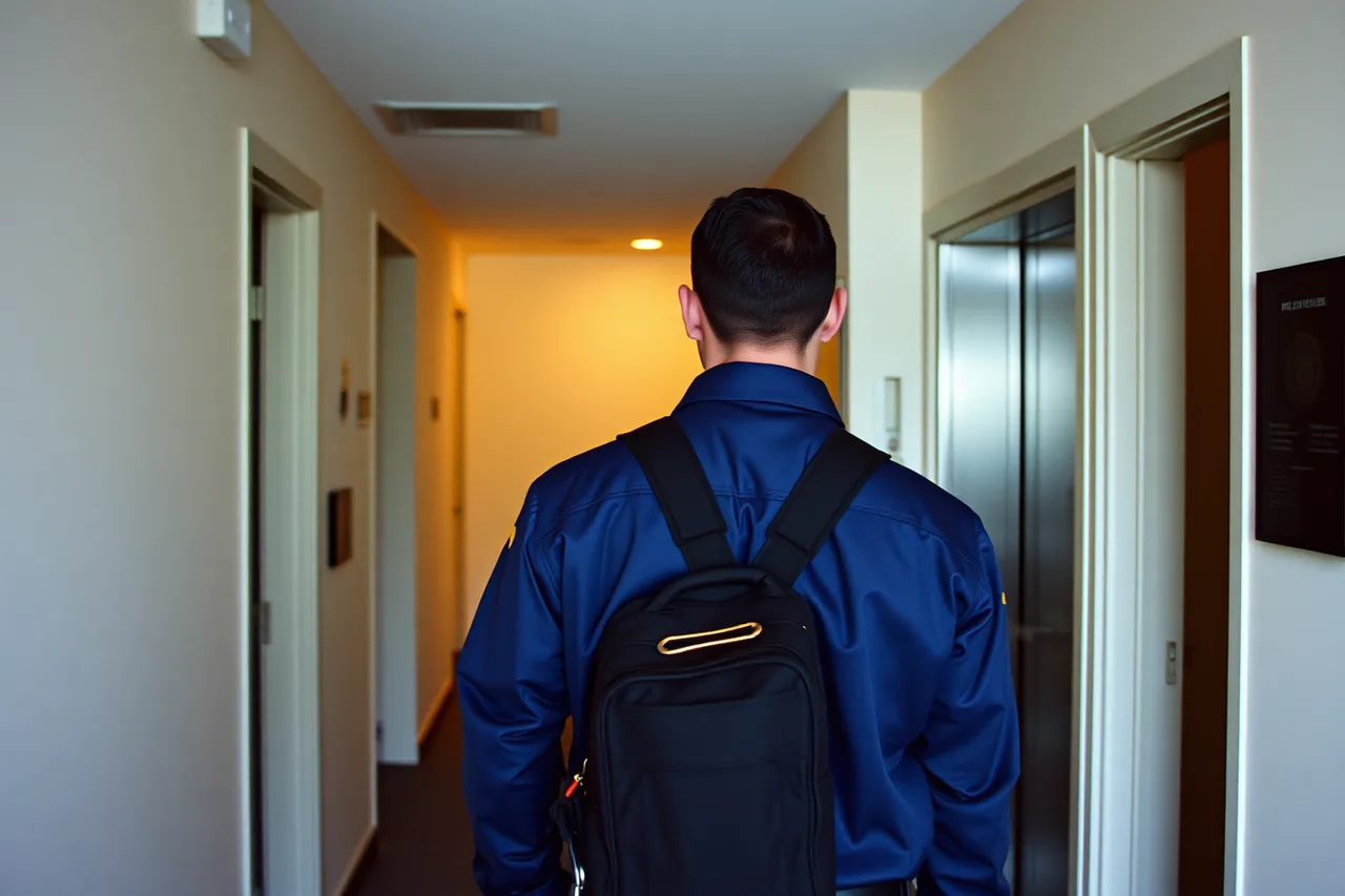 Technician with tools waiting at a condo service elevator (Toronto vs Halifax appliance repair bookings, density and older housing compared)