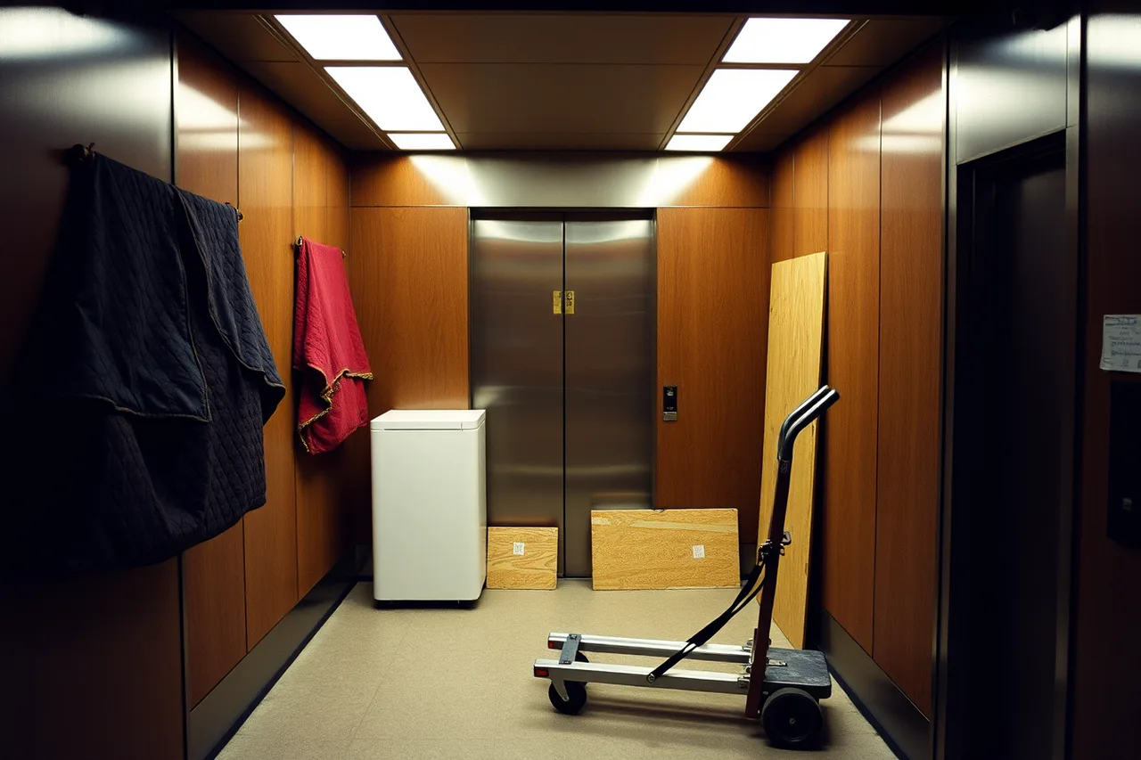 Padded service elevator cab with plywood floor protection and appliance hand truck (Strata building bookings in Vancouver, a guide to access rules for appliance repair)