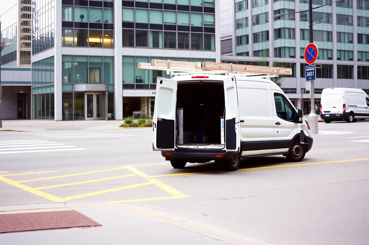 Appliance repair van parked in a downtown Vancouver commercial loading zone (Strata building bookings in Vancouver, a guide to access rules for appliance repair)