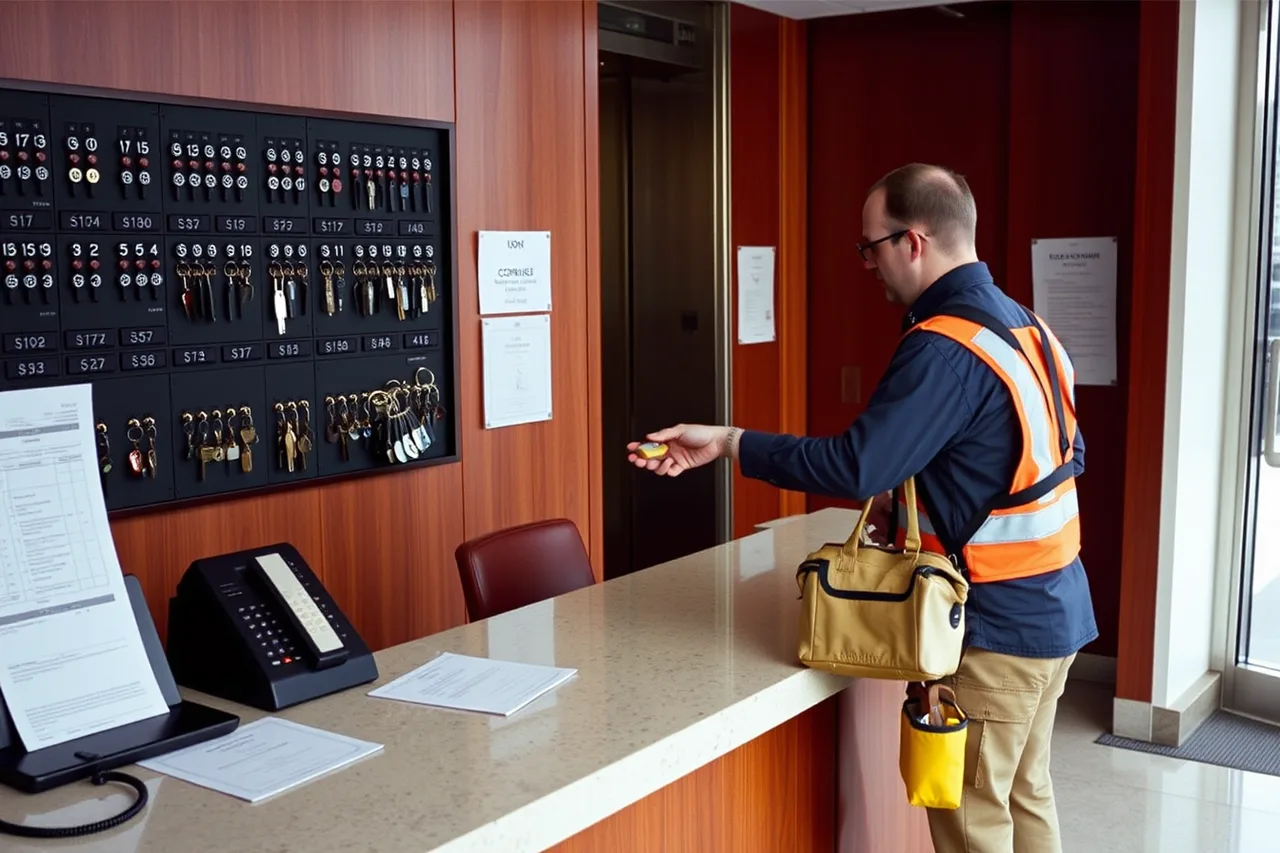 Concierge handing a key fob to a technician at a strata sign-in desk (Strata building bookings in Vancouver, a guide to access rules for appliance repair)